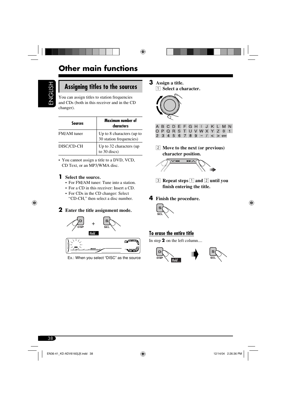 Other main functions, Assigning titles to the sources, English | JVC KD-ADV6160 User Manual | Page 38 / 177