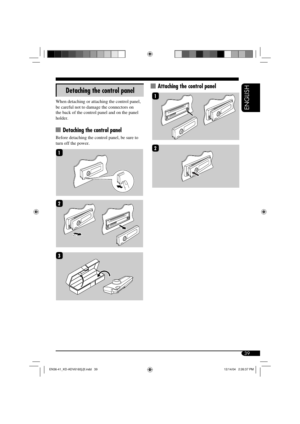 Detaching the control panel, English, Attaching the control panel | JVC KD-ADV6160 User Manual | Page 39 / 177