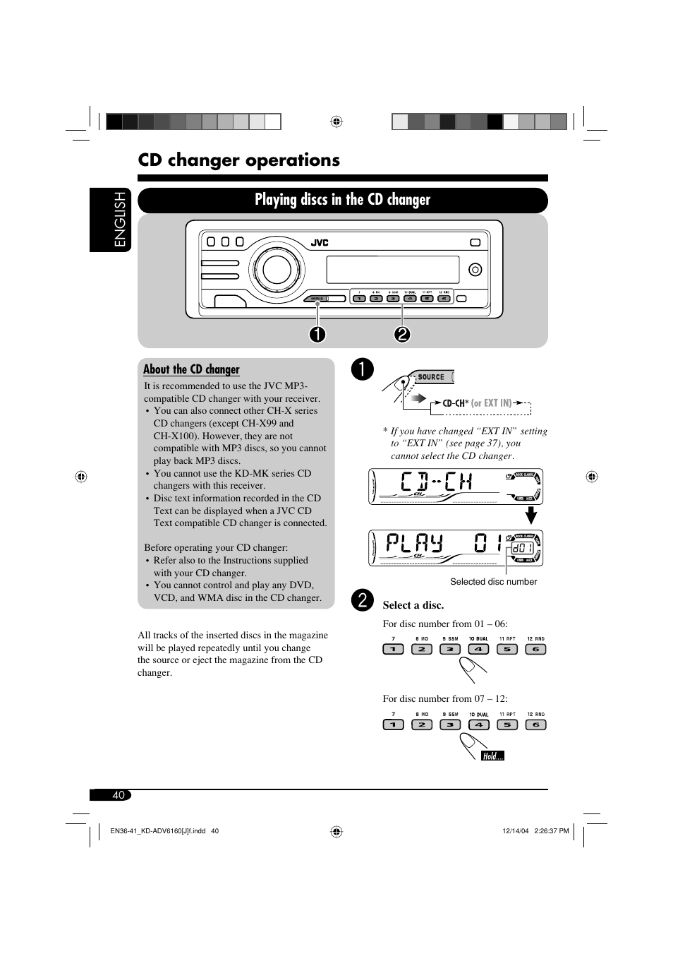 Cd changer operations, Playing discs in the cd changer, English | JVC KD-ADV6160 User Manual | Page 40 / 177