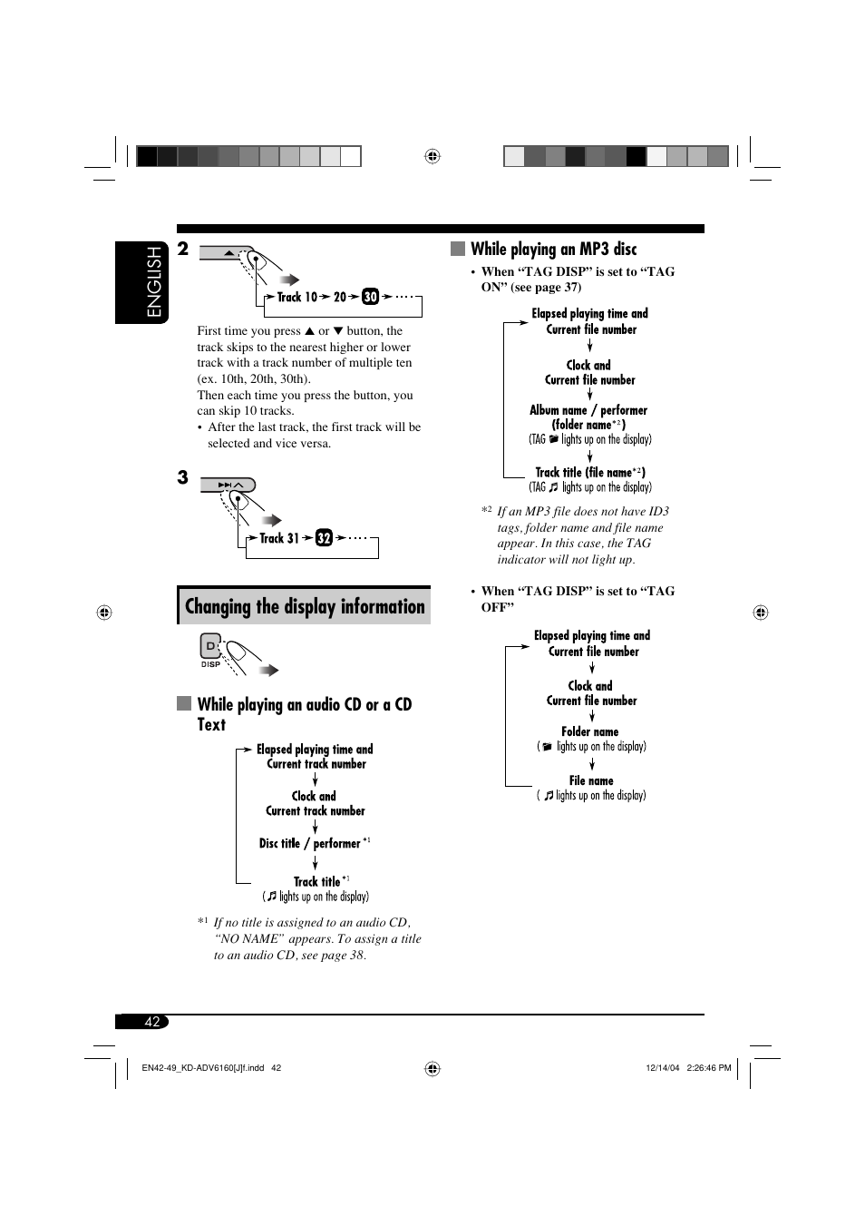 Changing the display information, English 2, While playing an audio cd or a cd text | While playing an mp3 disc | JVC KD-ADV6160 User Manual | Page 42 / 177