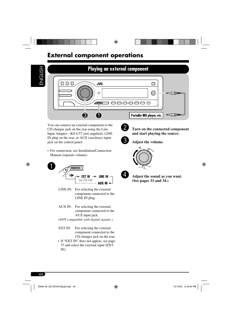 External component operations, Playing an external component | JVC KD-ADV6160 User Manual | Page 44 / 177