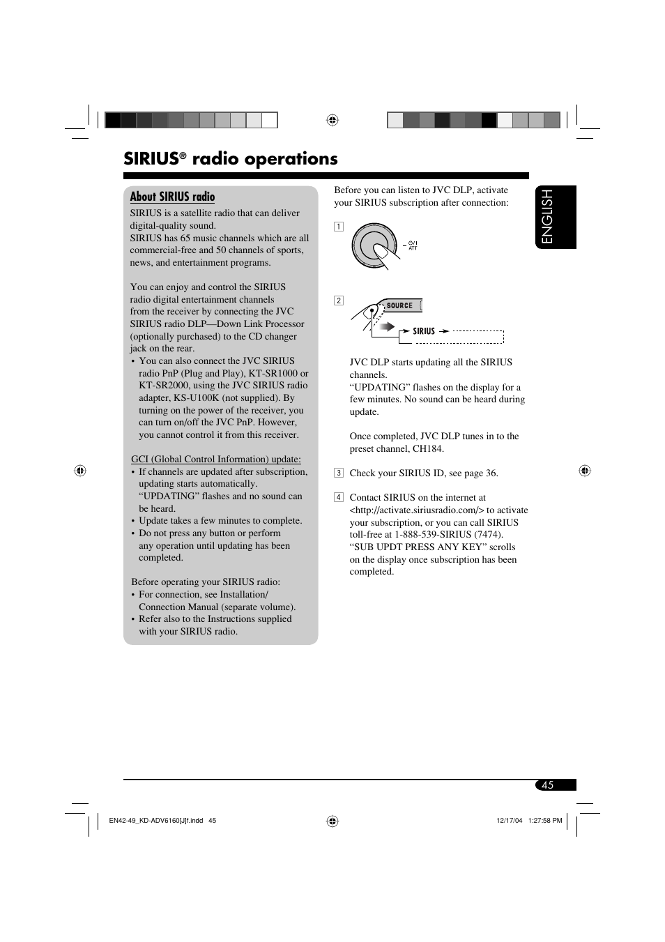 Sirius, Radio operations, English | JVC KD-ADV6160 User Manual | Page 45 / 177