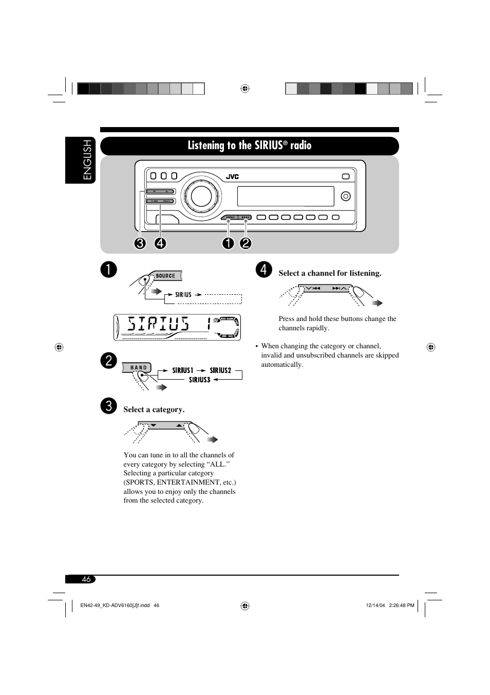 Listening to the sirius, Radio | JVC KD-ADV6160 User Manual | Page 46 / 177