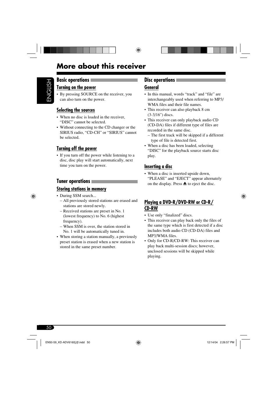 More about this receiver, English, Basic operations | Tuner operations, Disc operations | JVC KD-ADV6160 User Manual | Page 50 / 177