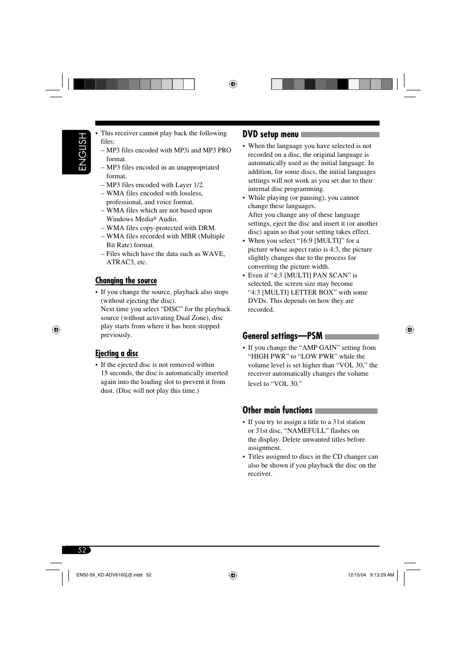 English dvd setup menu, General settings—psm, Other main functions | JVC KD-ADV6160 User Manual | Page 52 / 177