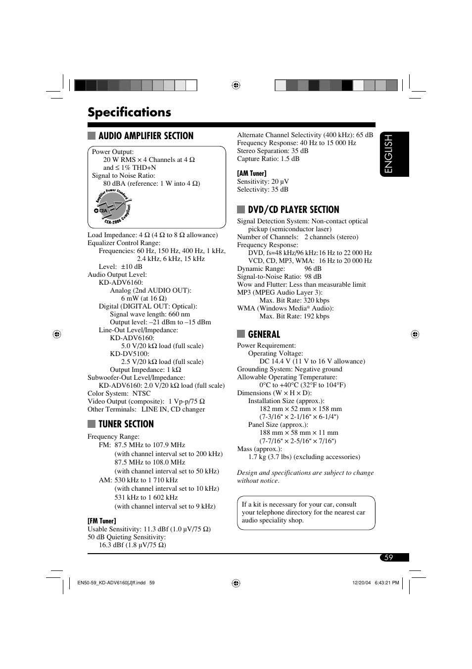 Specifications, English, General | JVC KD-ADV6160 User Manual | Page 59 / 177