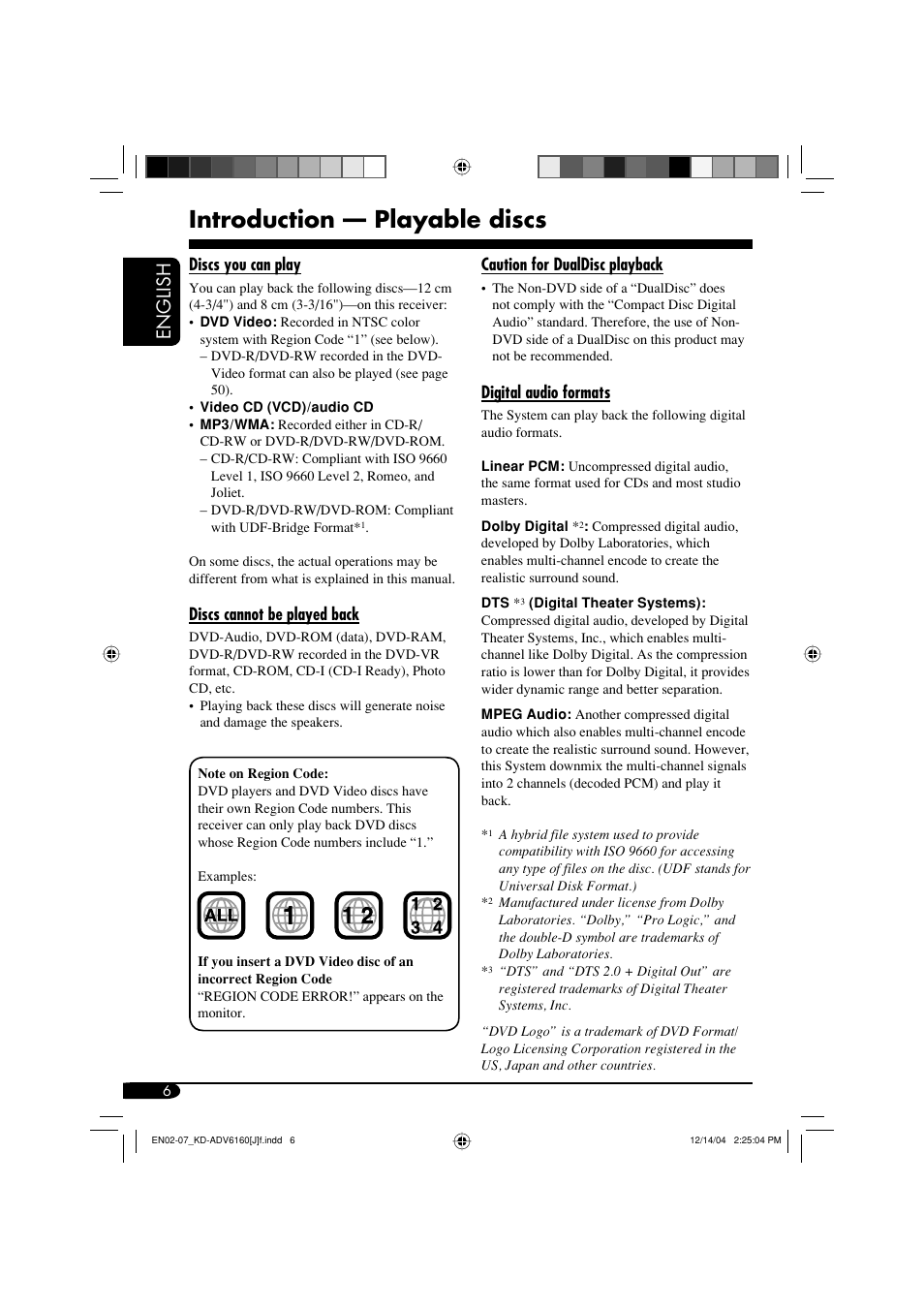 Introduction — playable discs, English | JVC KD-ADV6160 User Manual | Page 6 / 177