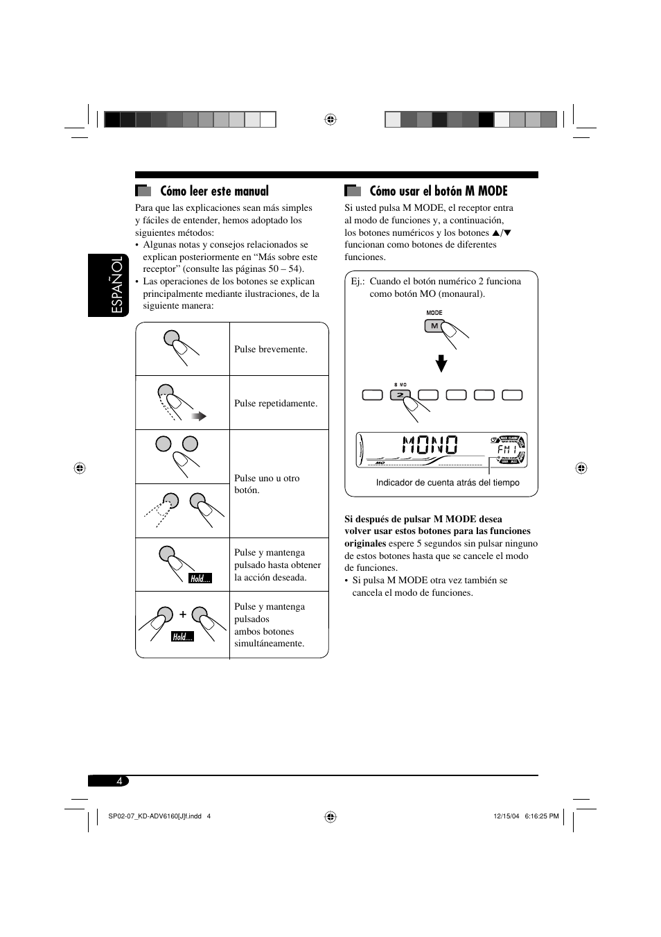 Esp añol cómo usar el botón m mode, Cómo leer este manual | JVC KD-ADV6160 User Manual | Page 62 / 177