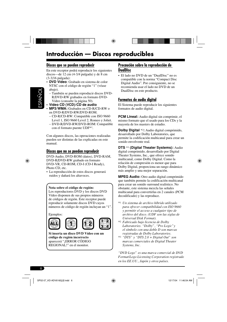 Introducción — discos reproducibles, Esp añol | JVC KD-ADV6160 User Manual | Page 64 / 177