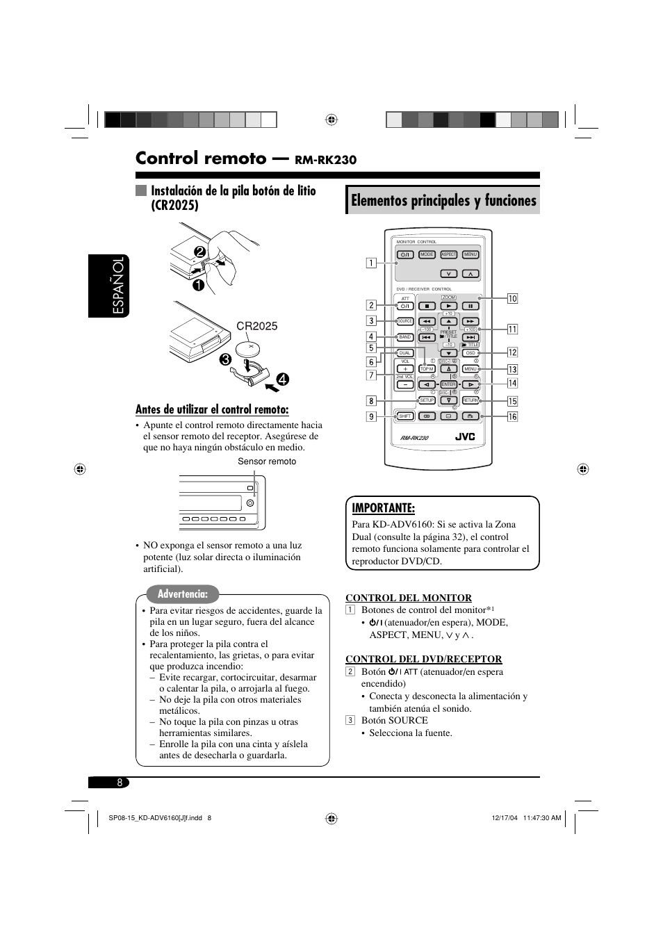 Control remoto, Elementos principales y funciones, Esp añol | Instalación de la pila botón de litio (cr2025), Antes de utilizar el control remoto, Importante, Rm-rk230, Advertencia | JVC KD-ADV6160 User Manual | Page 66 / 177