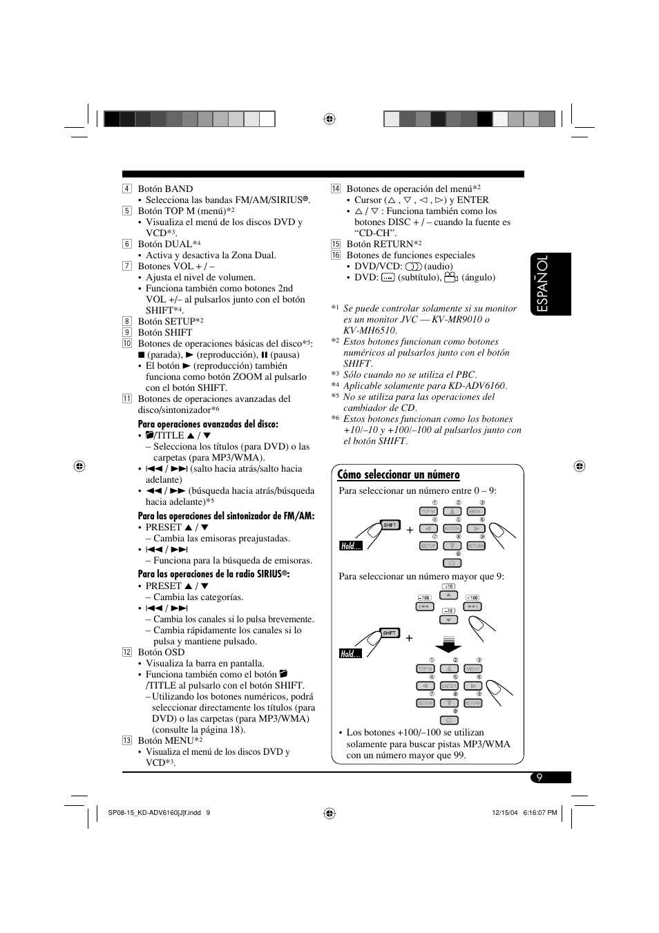Esp añol, Cómo seleccionar un número | JVC KD-ADV6160 User Manual | Page 67 / 177