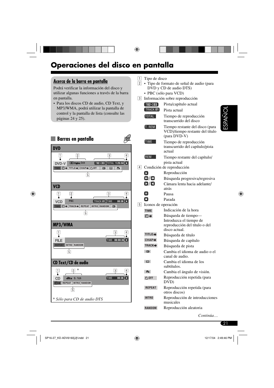 Operaciones del disco en pantalla, Esp añol, Barras en pantalla | Acerca de la barra en pantalla | JVC KD-ADV6160 User Manual | Page 79 / 177