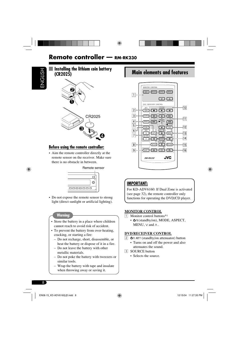 Remote controller, Main elements and features, English | Installing the lithium coin battery (cr2025), Important, Before using the remote controller, Rm-rk230, Warning | JVC KD-ADV6160 User Manual | Page 8 / 177