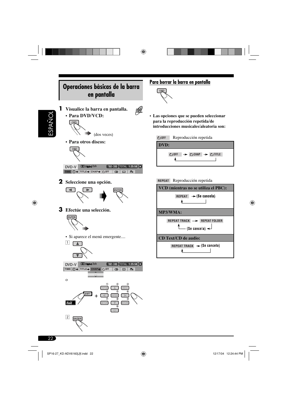 Operaciones básicas de la barra en pantalla, Esp añol, Para borrar la barra en pantalla | JVC KD-ADV6160 User Manual | Page 80 / 177