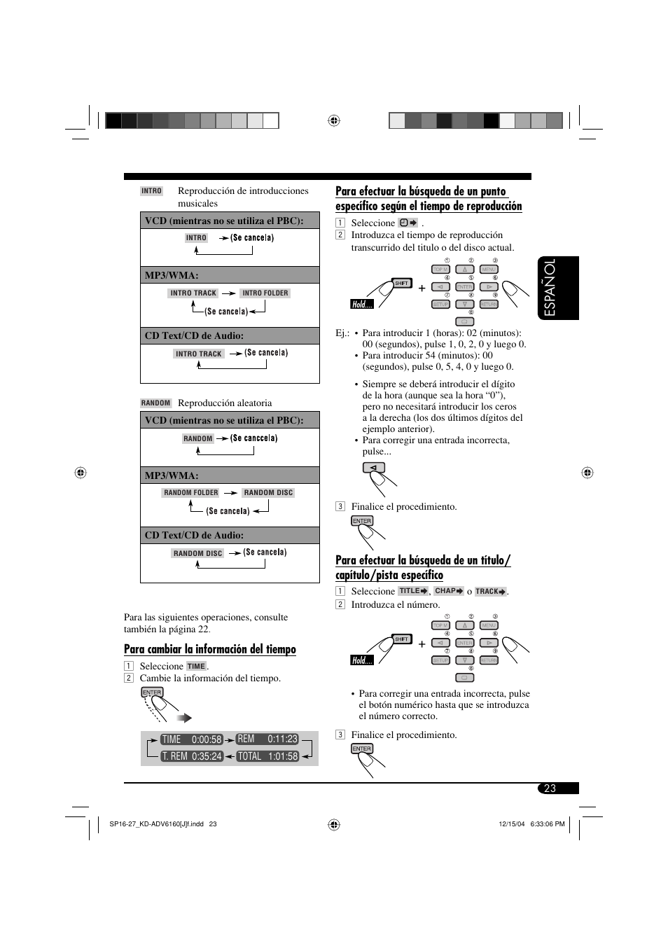 Esp añol, Para cambiar la información del tiempo | JVC KD-ADV6160 User Manual | Page 81 / 177