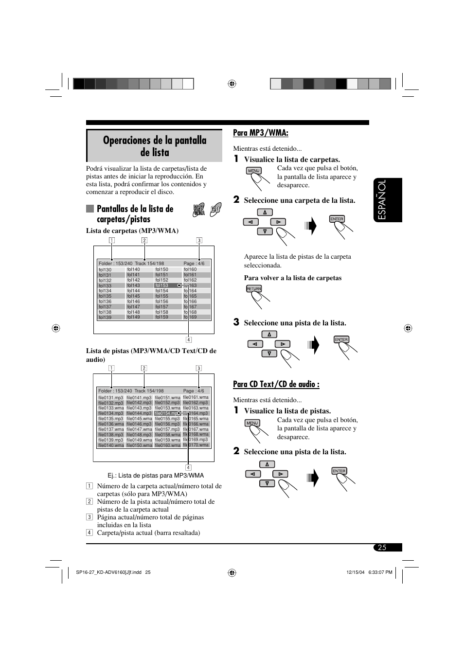 Operaciones de la pantalla de lista, Esp añol, Pantallas de la lista de carpetas/pistas | JVC KD-ADV6160 User Manual | Page 83 / 177
