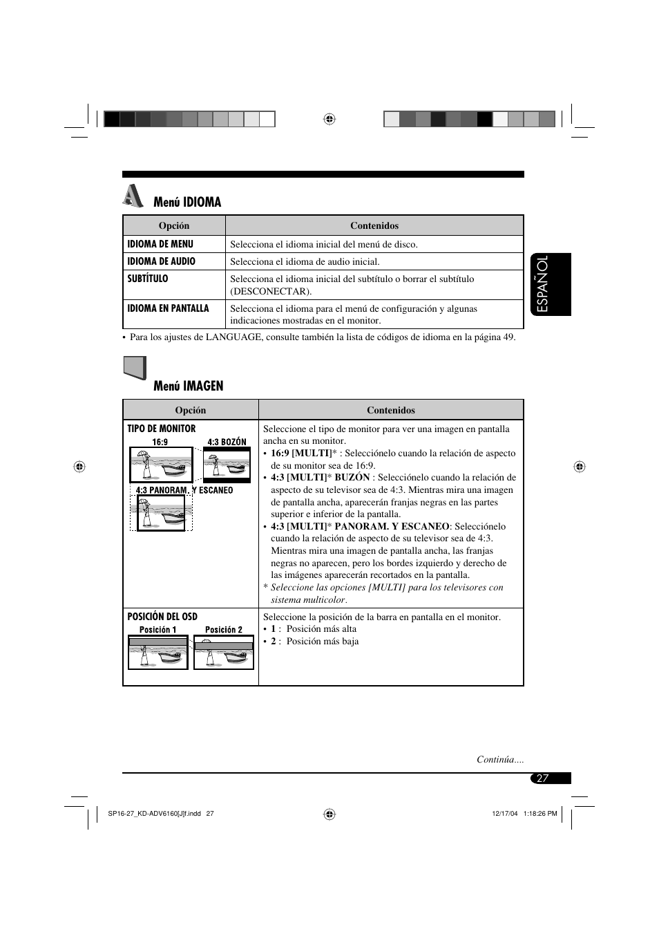 Esp añol, Menú idioma, Menú imagen | JVC KD-ADV6160 User Manual | Page 85 / 177