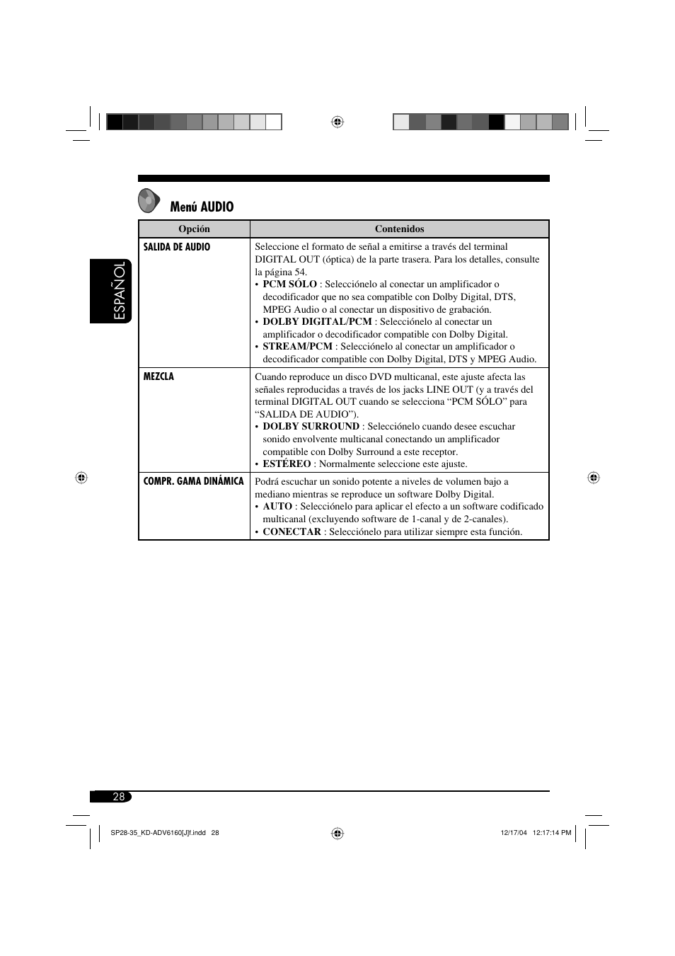 Esp añol menú audio | JVC KD-ADV6160 User Manual | Page 86 / 177