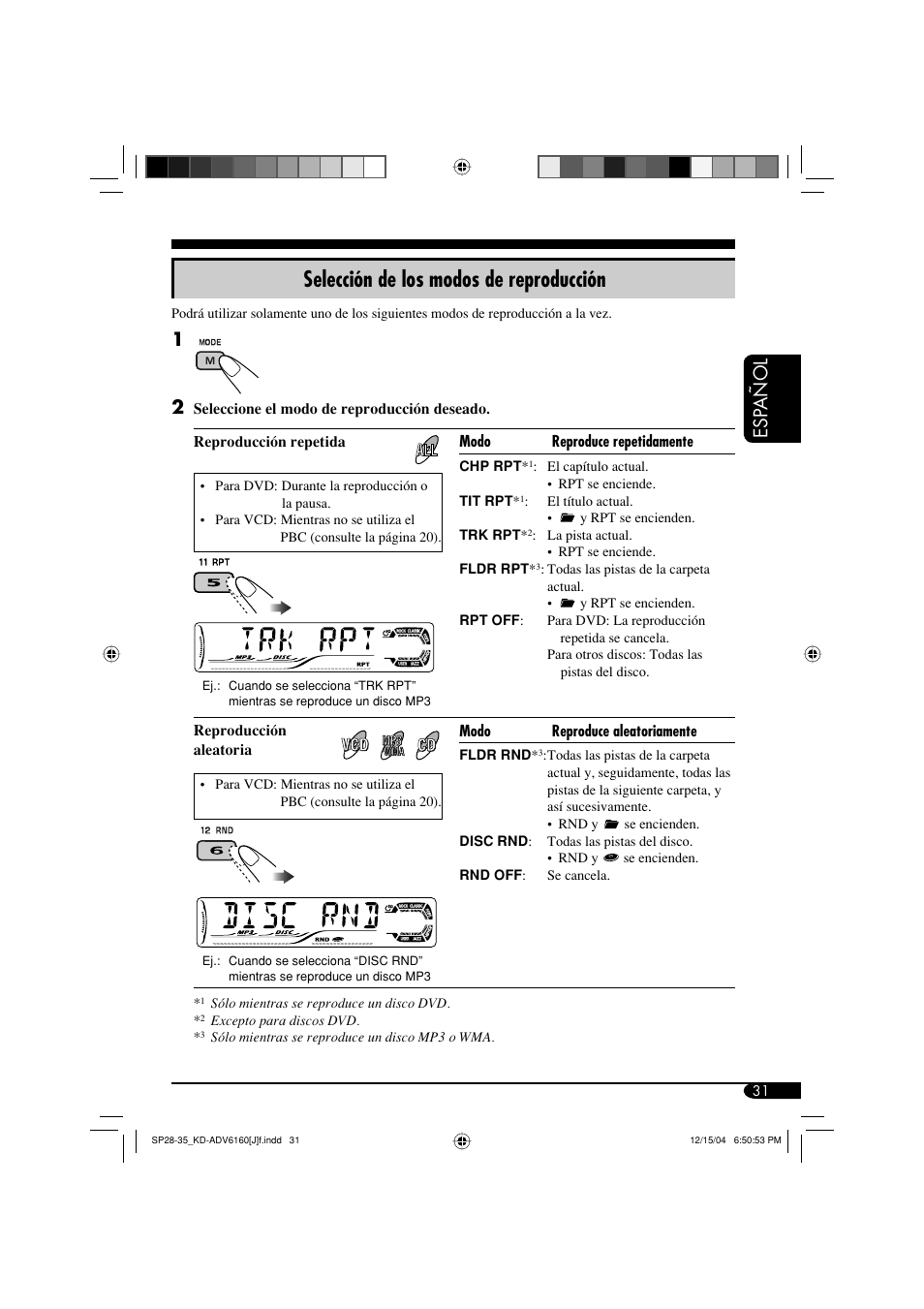 Selección de los modos de reproducción, Esp añol | JVC KD-ADV6160 User Manual | Page 89 / 177