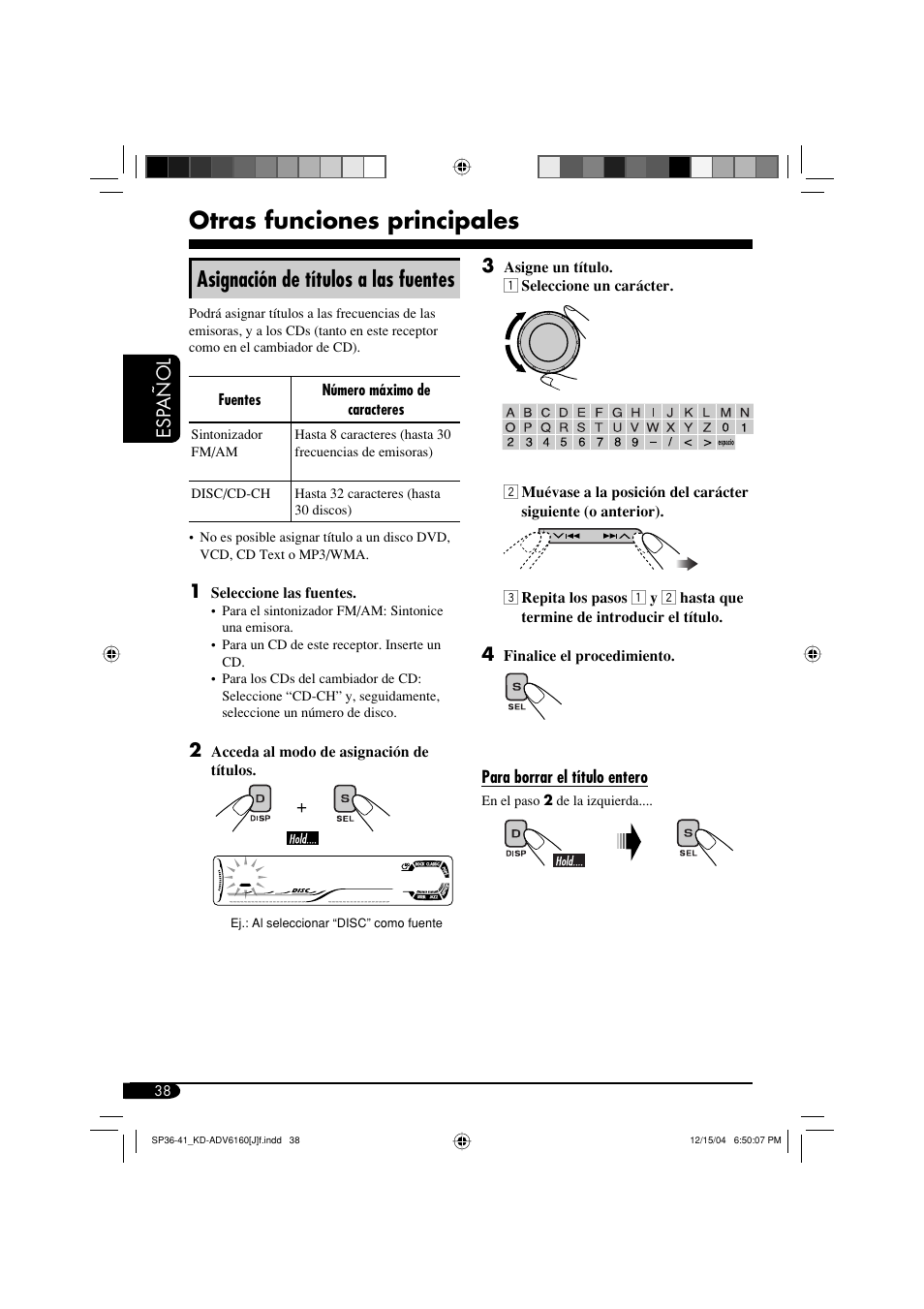 Otras funciones principales, Asignación de títulos a las fuentes, Esp añol | JVC KD-ADV6160 User Manual | Page 96 / 177