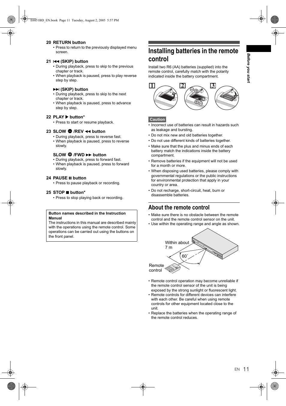 Installing batteries in the remote control, About the remote control | JVC DR-M70SEK User Manual | Page 11 / 68