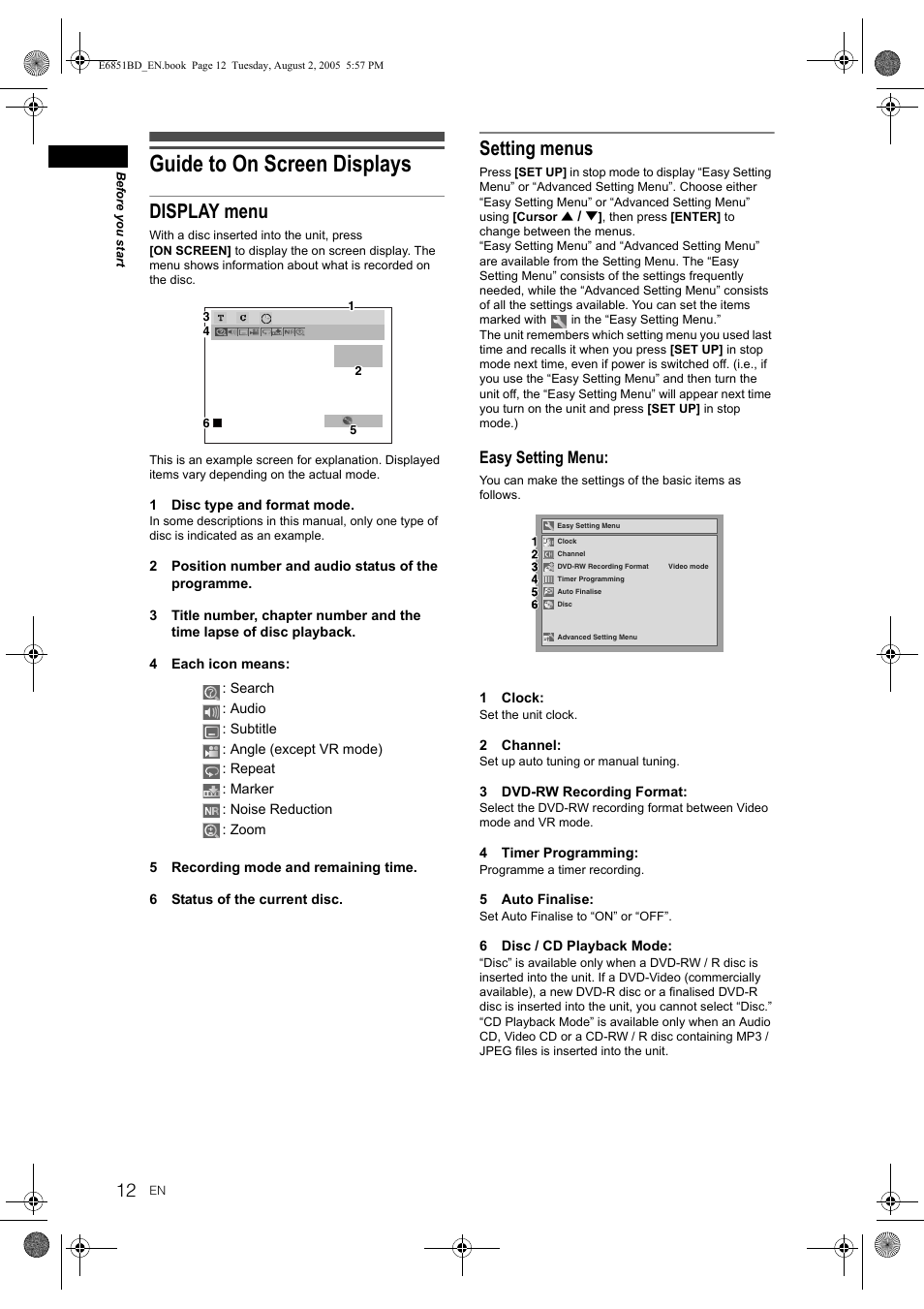 Guide to on screen displays, Display menu, Setting menus | Easy setting menu | JVC DR-M70SEK User Manual | Page 12 / 68