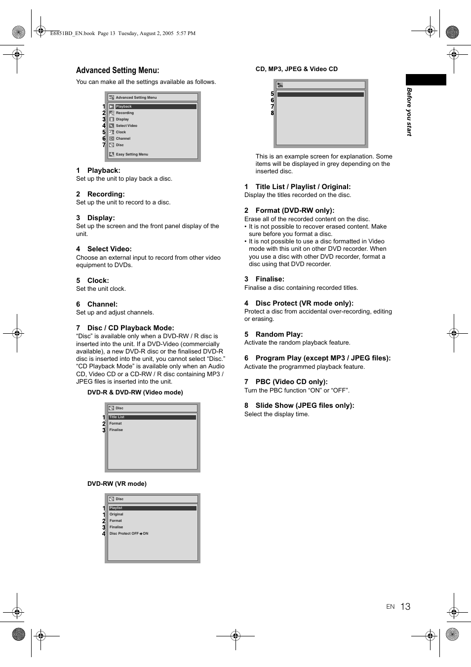Advanced setting menu | JVC DR-M70SEK User Manual | Page 13 / 68