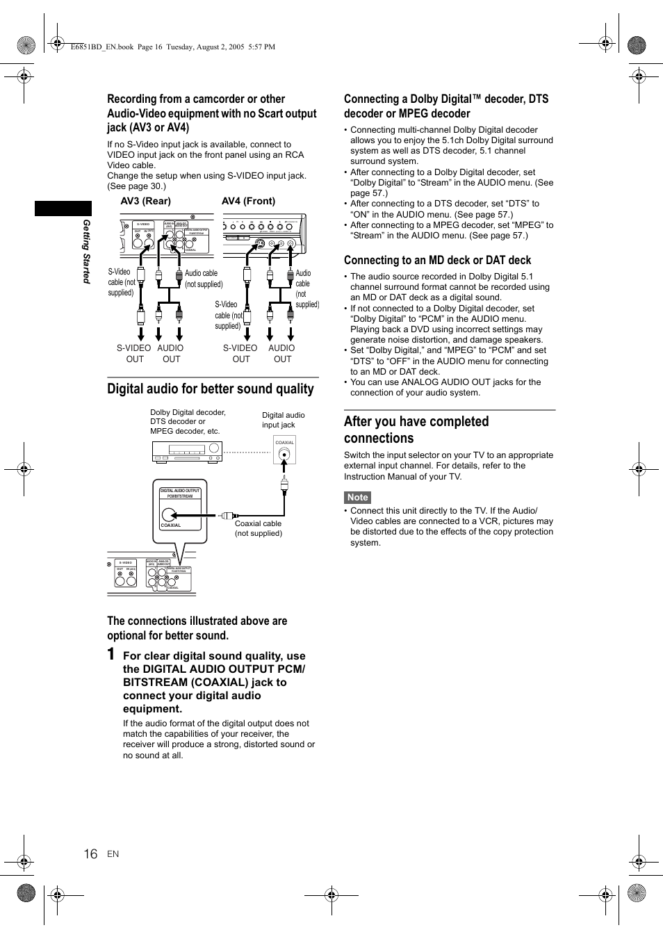 Digital audio for better sound quality, After you have completed connections, Connecting to an md deck or dat deck | Mono), Av3 (rear) av4 (front) | JVC DR-M70SEK User Manual | Page 16 / 68