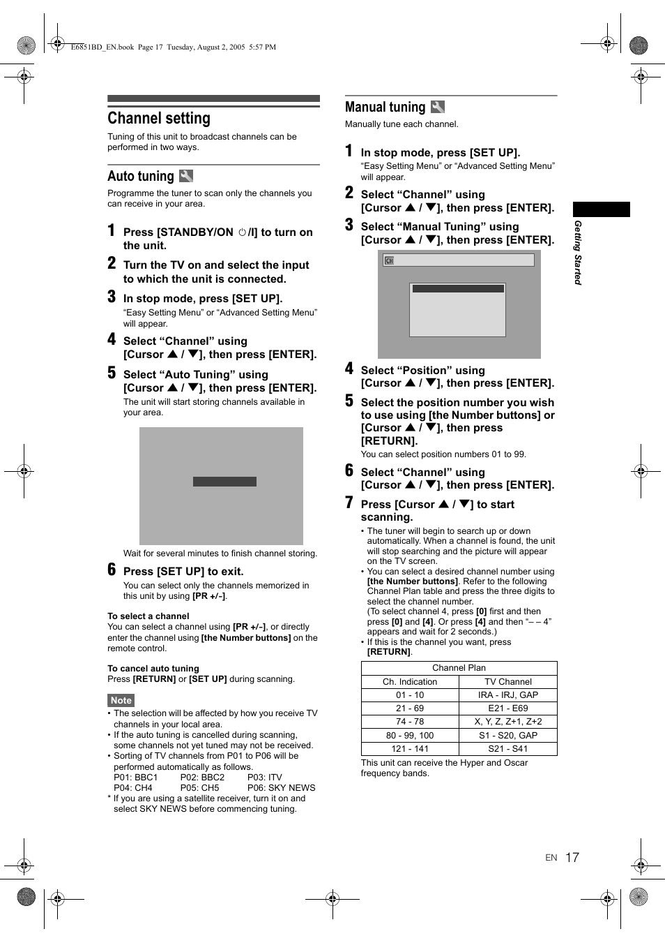 Channel setting, Auto tuning, Manual tuning | JVC DR-M70SEK User Manual | Page 17 / 68