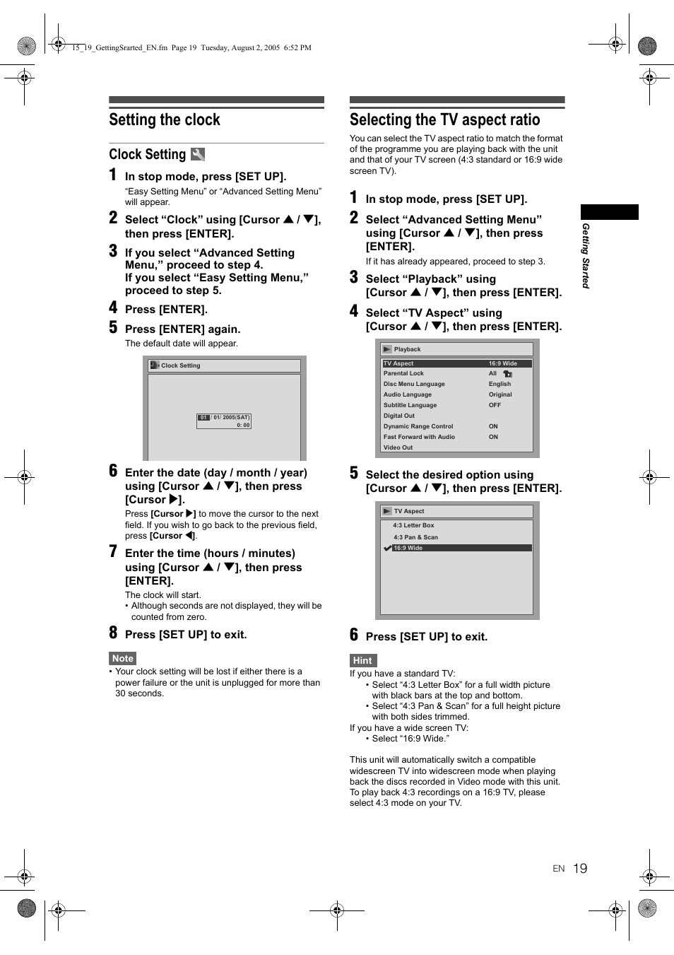 Setting the clock, Selecting the tv aspect ratio, Clock setting | JVC DR-M70SEK User Manual | Page 19 / 68