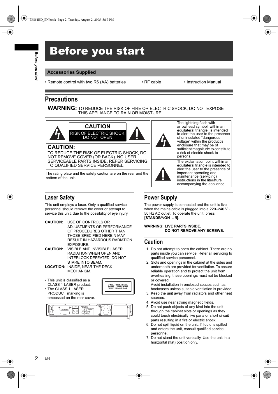 Before you start, Precautions, Laser safety | Power supply, Caution, Warning, Accessories supplied | JVC DR-M70SEK User Manual | Page 2 / 68