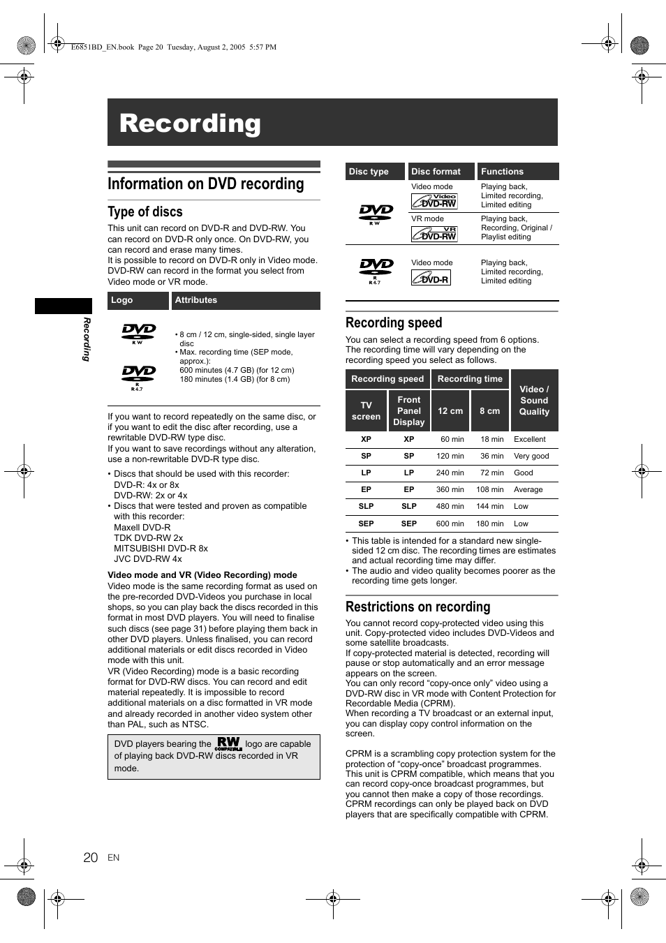 Recording, Information on dvd recording, Type of discs | Recording speed, Restrictions on recording | JVC DR-M70SEK User Manual | Page 20 / 68