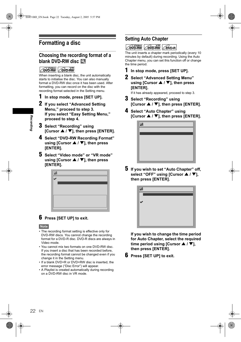 Formatting a disc, Setting auto chapter | JVC DR-M70SEK User Manual | Page 22 / 68