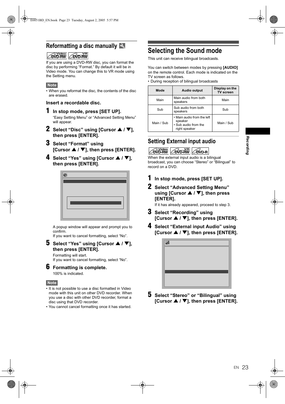 Selecting the sound mode, Reformatting a disc manually, Setting external input audio | JVC DR-M70SEK User Manual | Page 23 / 68