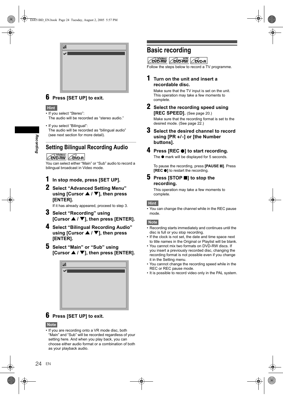 Basic recording, Setting bilingual recording audio | JVC DR-M70SEK User Manual | Page 24 / 68