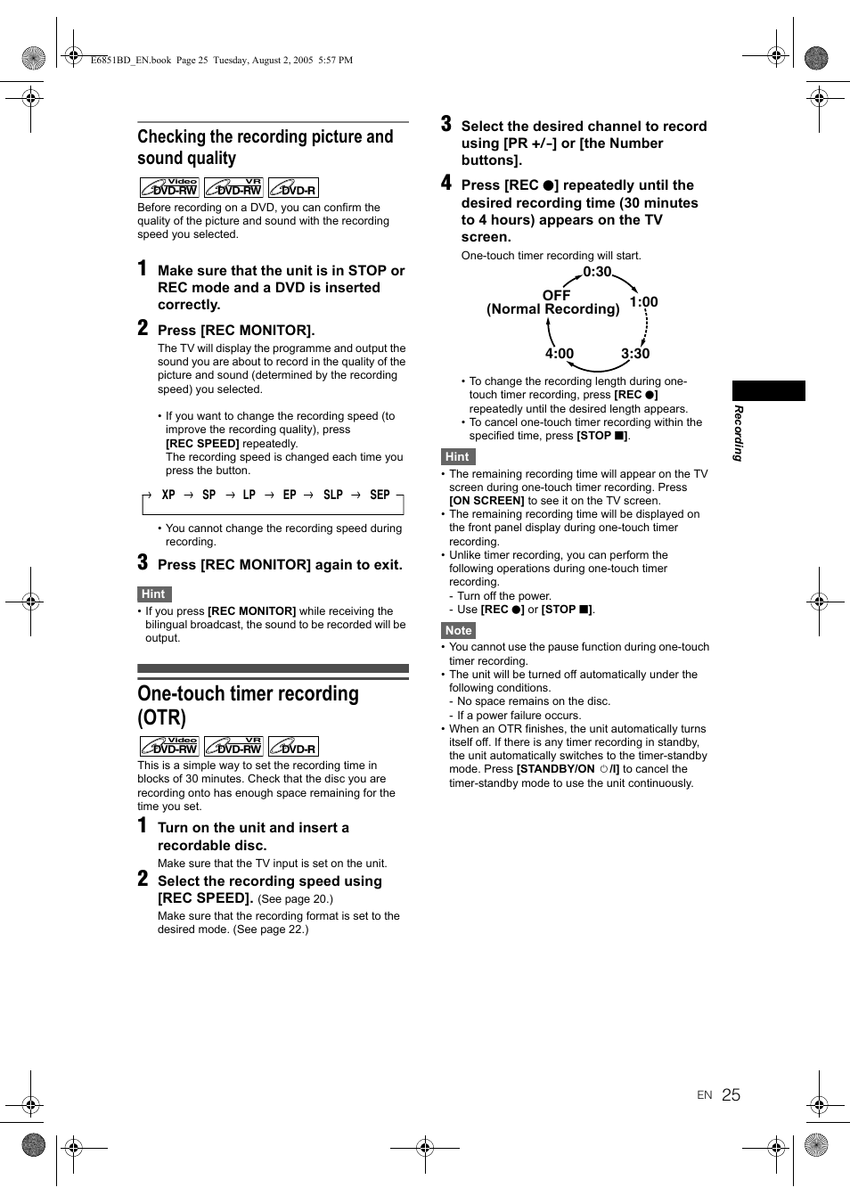 One-touch timer recording (otr), Checking the recording picture and sound quality | JVC DR-M70SEK User Manual | Page 25 / 68
