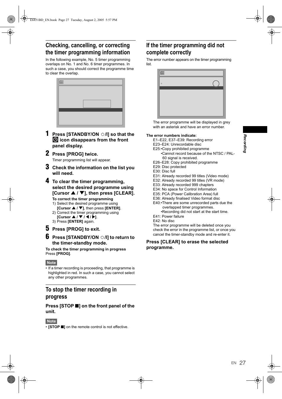 Press [prog] twice, Check the information on the list you will need, Press [prog] to exit | Press [stop s ] on the front panel of the unit, Press [clear] to erase the selected programme | JVC DR-M70SEK User Manual | Page 27 / 68