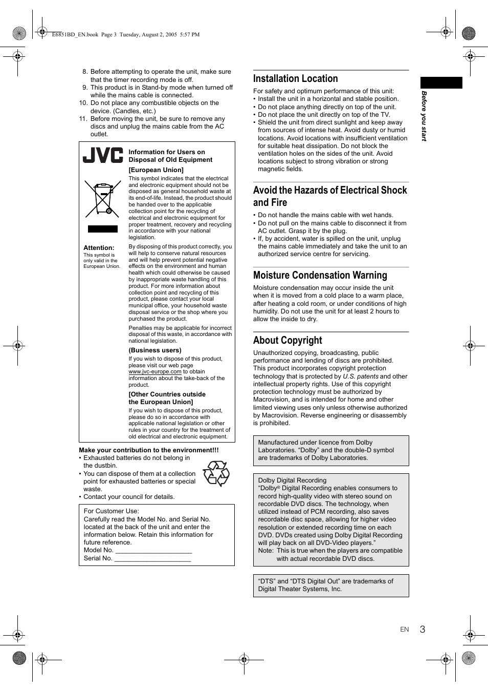 Installation location, Avoid the hazards of electrical shock and fire, Moisture condensation warning | About copyright | JVC DR-M70SEK User Manual | Page 3 / 68