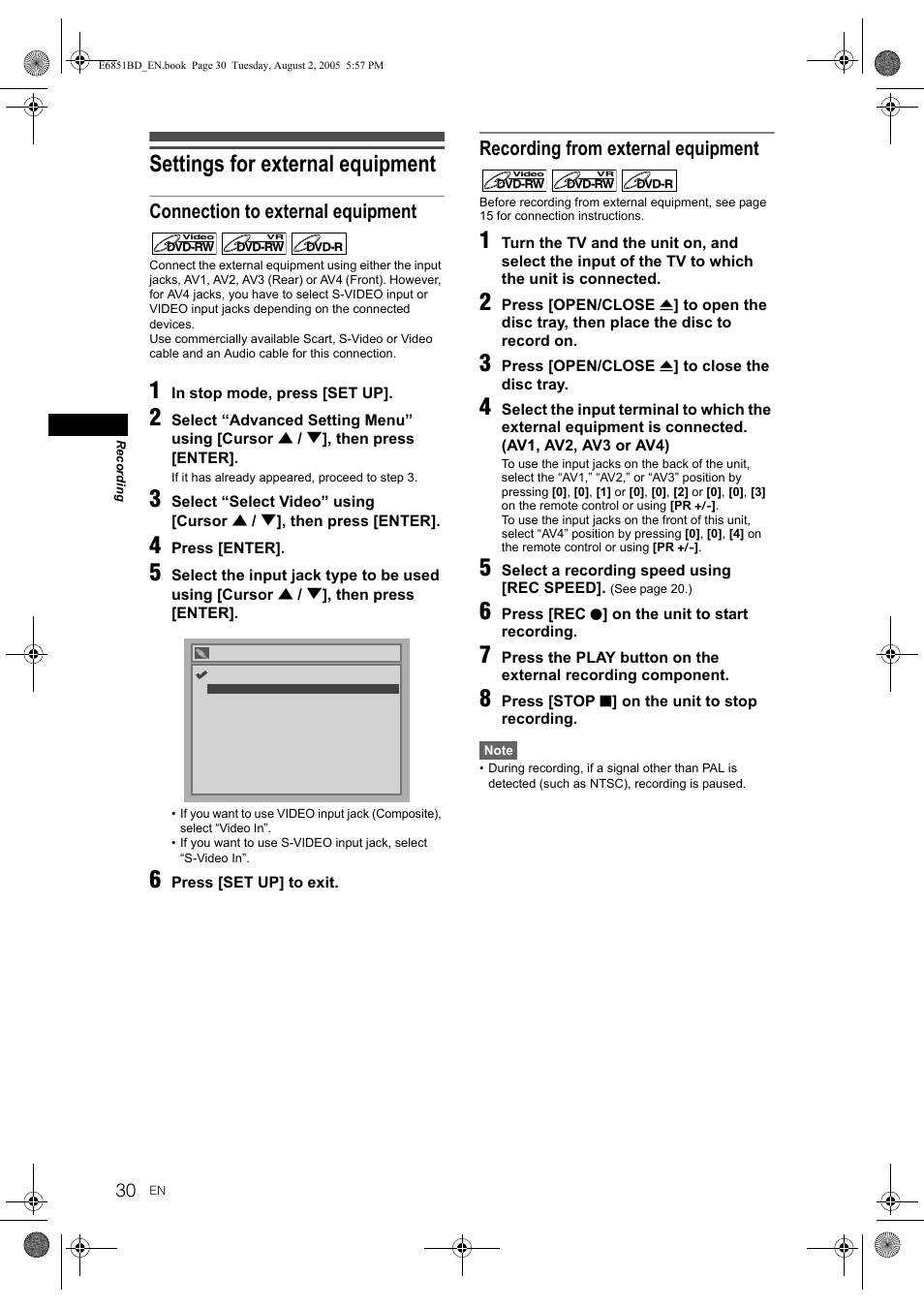 Settings for external equipment, Connection to external equipment, Recording from external equipment | JVC DR-M70SEK User Manual | Page 30 / 68