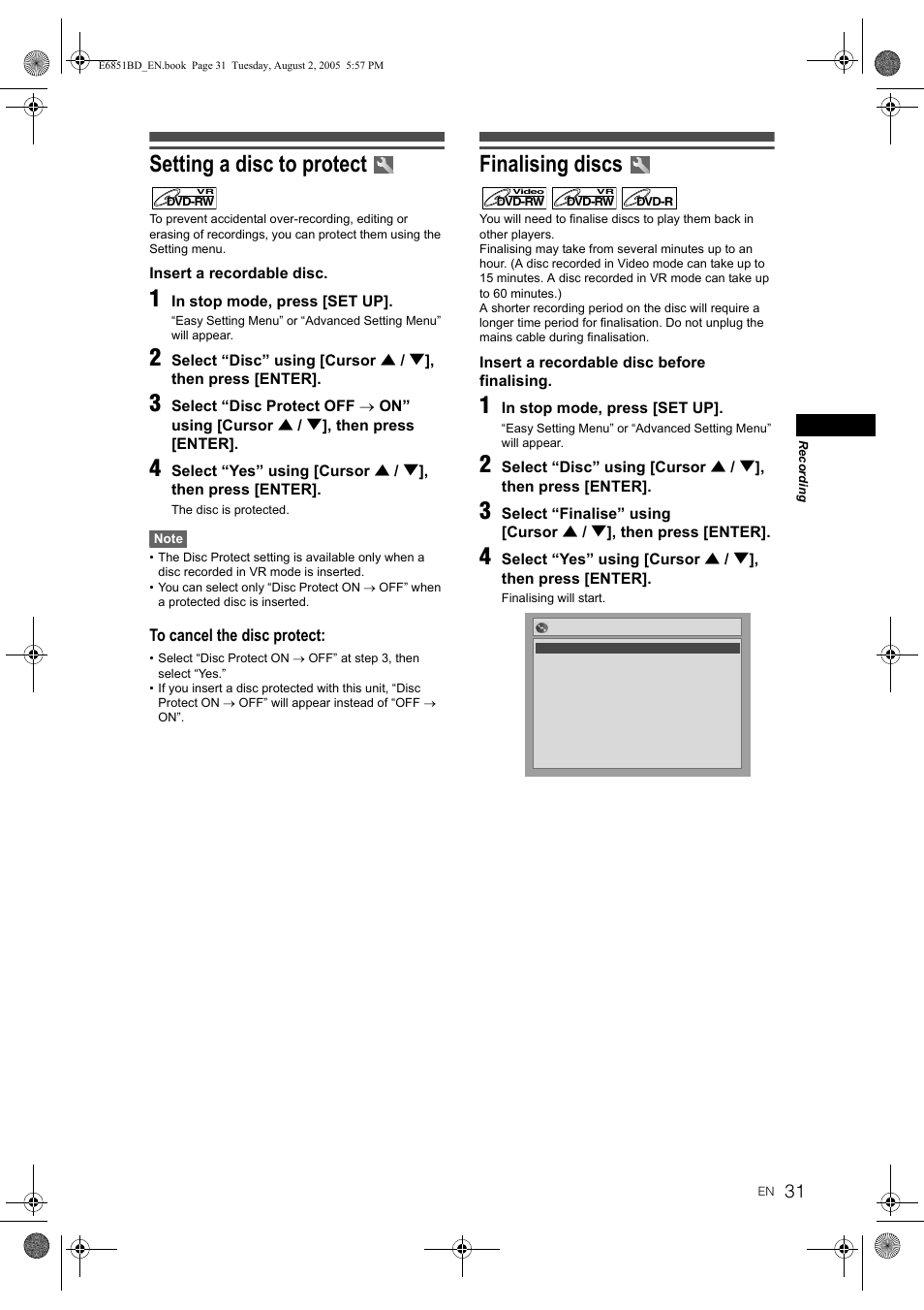 Setting a disc to protect, Finalising discs | JVC DR-M70SEK User Manual | Page 31 / 68