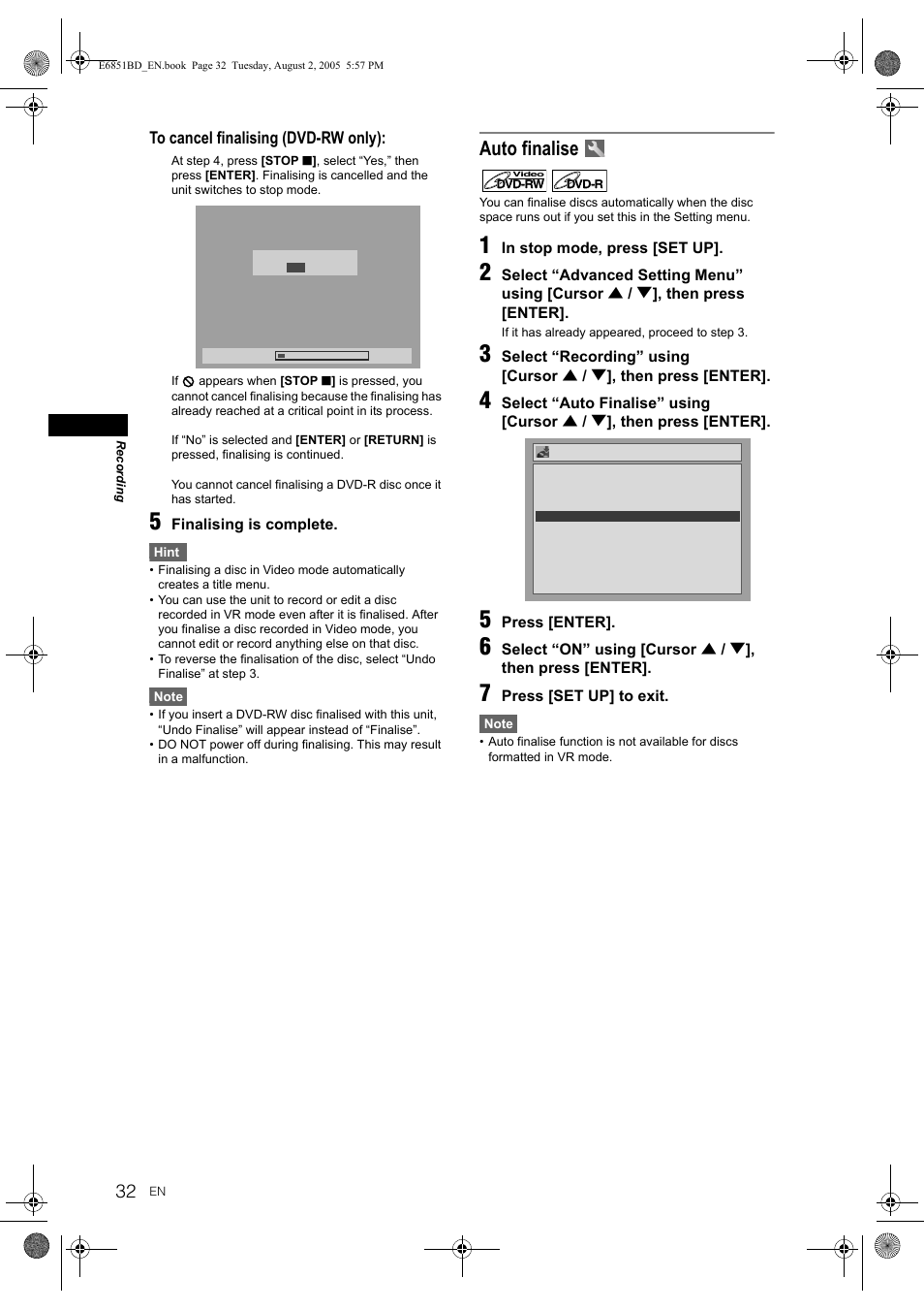 Auto finalise | JVC DR-M70SEK User Manual | Page 32 / 68
