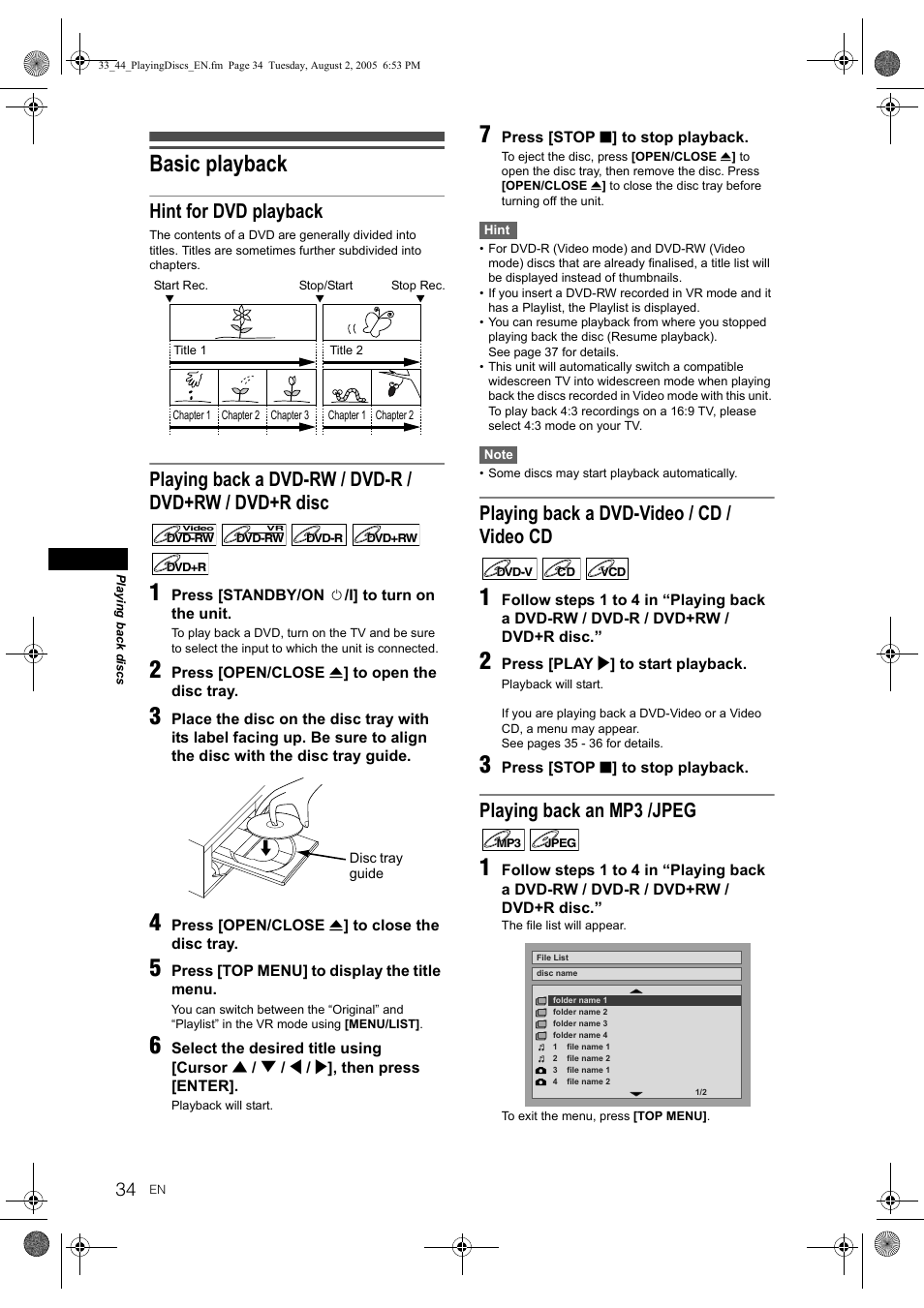 Basic playback, Hint for dvd playback, Playing back a dvd-video / cd / video cd | Playing back an mp3 /jpeg | JVC DR-M70SEK User Manual | Page 34 / 68