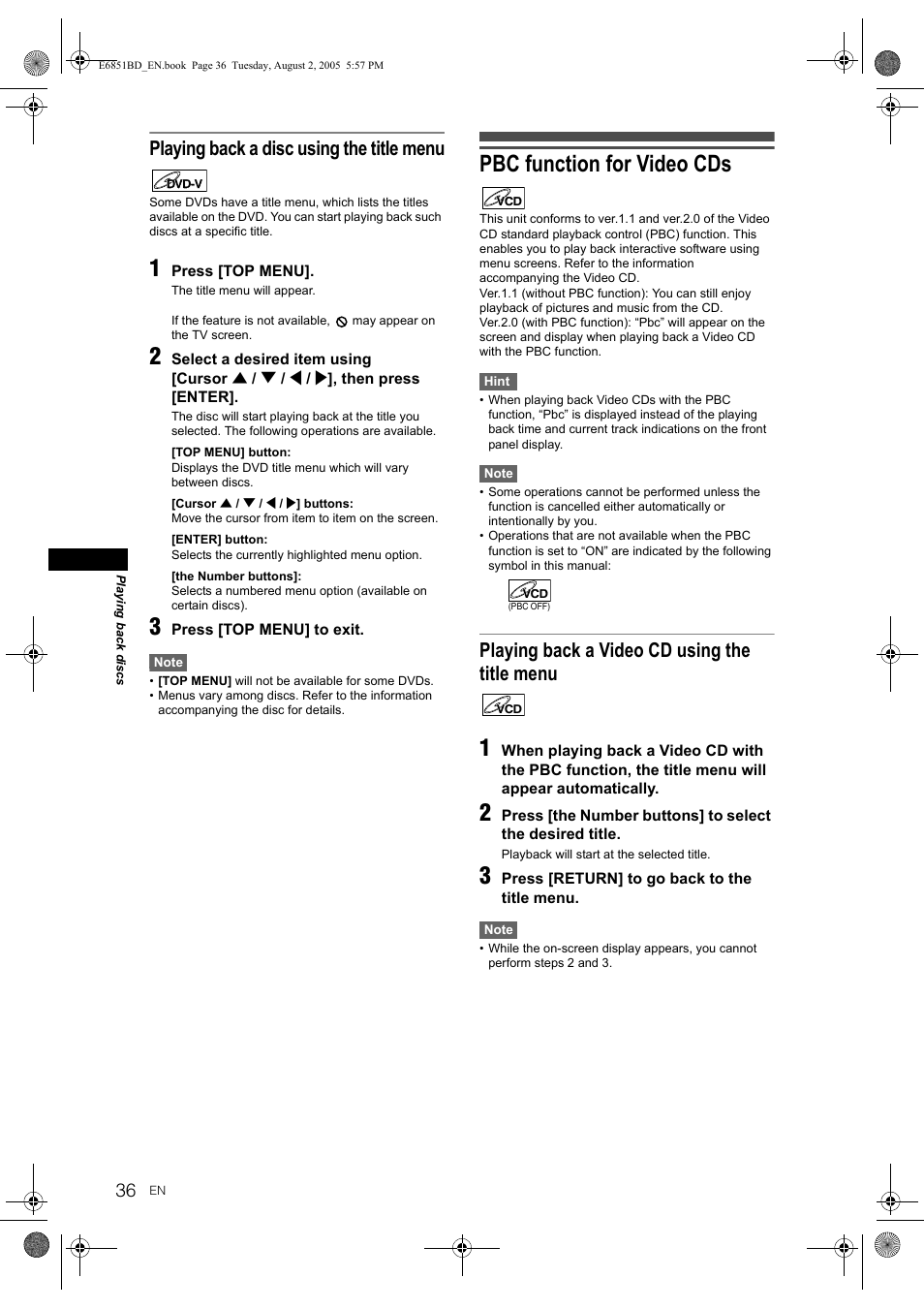 Pbc function for video cds, Playing back a disc using the title menu, Playing back a video cd using the title menu | JVC DR-M70SEK User Manual | Page 36 / 68