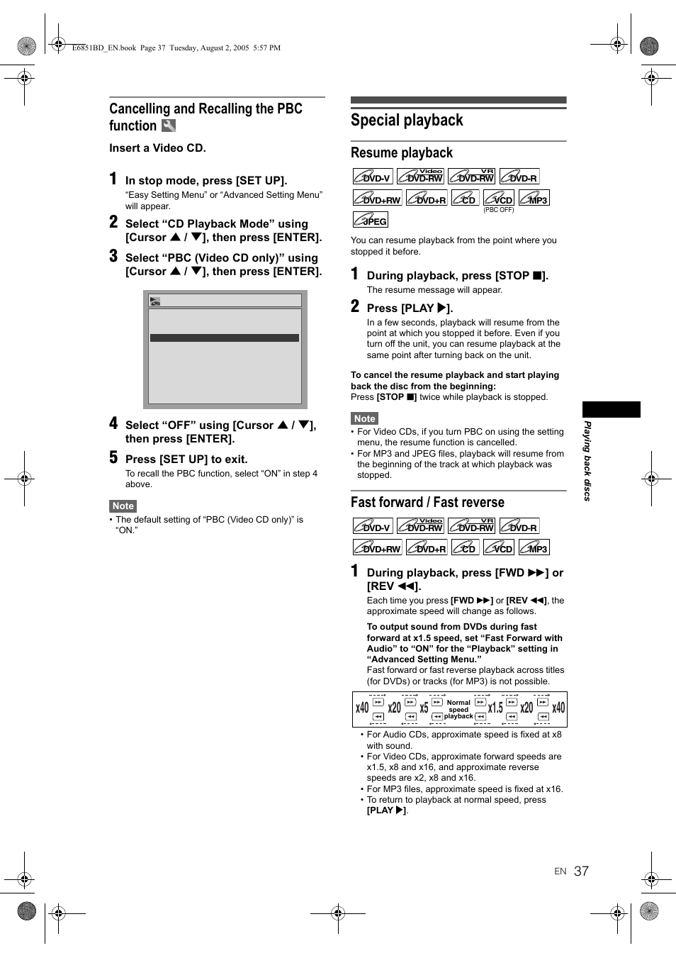 Special playback, Cancelling and recalling the pbc function, Resume playback | Fast forward / fast reverse | JVC DR-M70SEK User Manual | Page 37 / 68