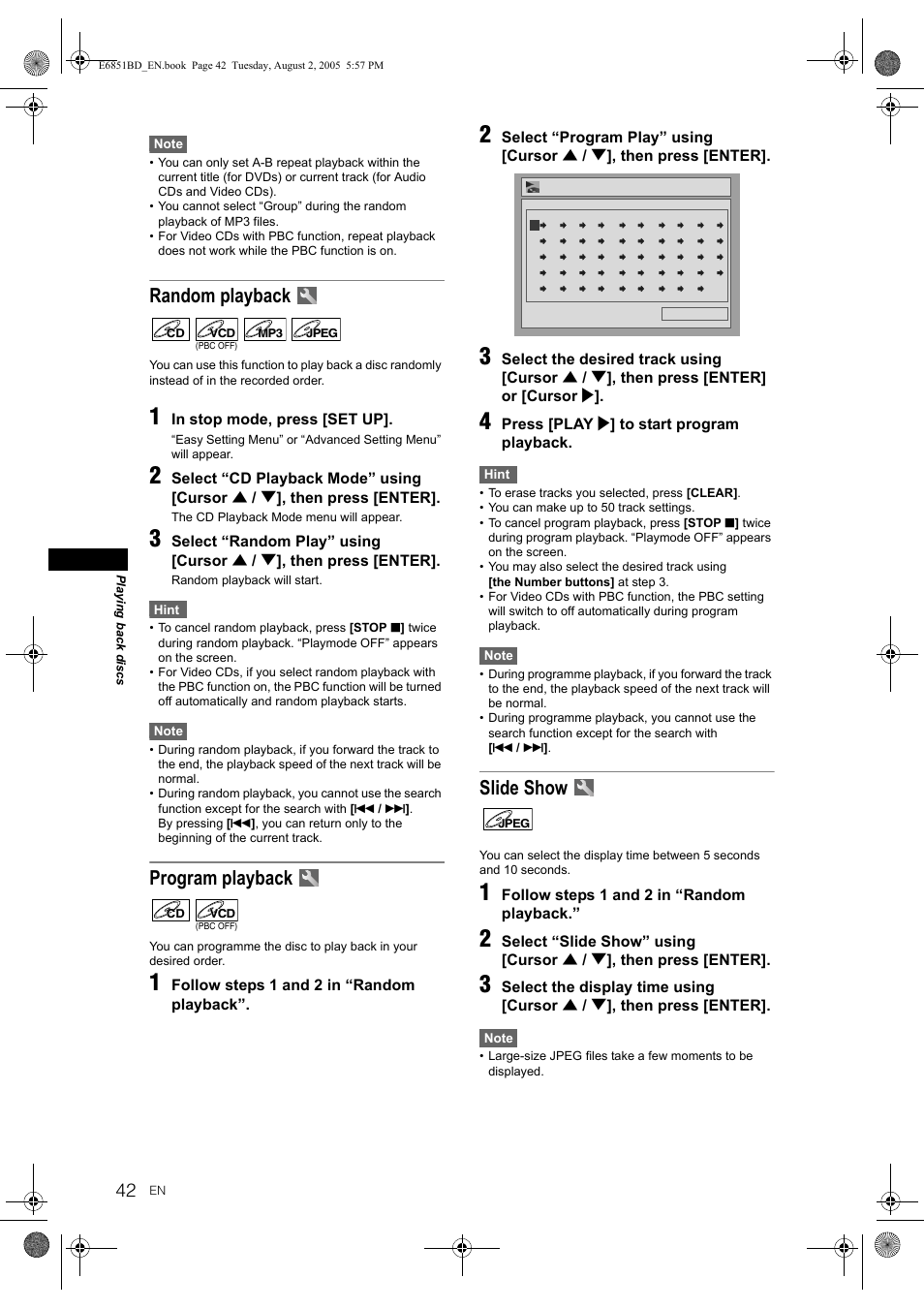 Random playback, Program playback, Slide show | JVC DR-M70SEK User Manual | Page 42 / 68