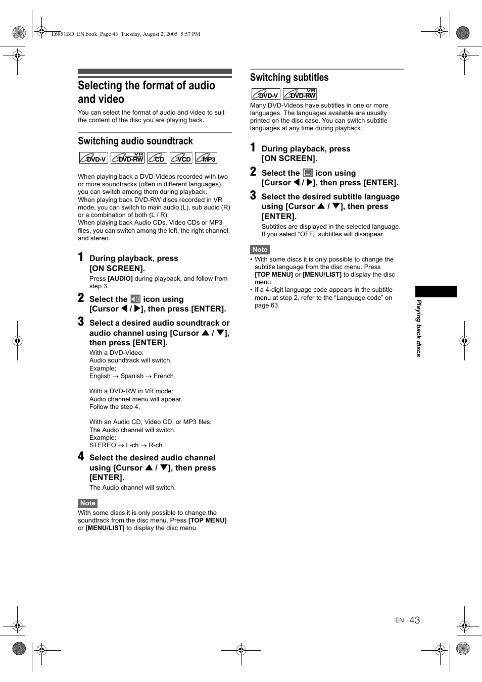 Selecting the format of audio and video, Switching audio soundtrack, Switching subtitles | JVC DR-M70SEK User Manual | Page 43 / 68