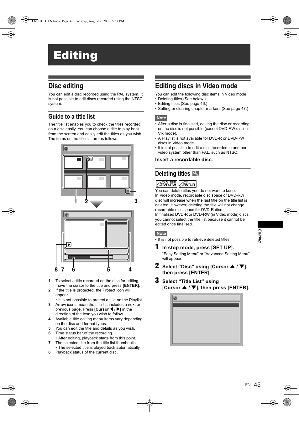 Editing, Disc editing, Editing discs in video mode | Guide to a title list, Deleting titles | JVC DR-M70SEK User Manual | Page 45 / 68