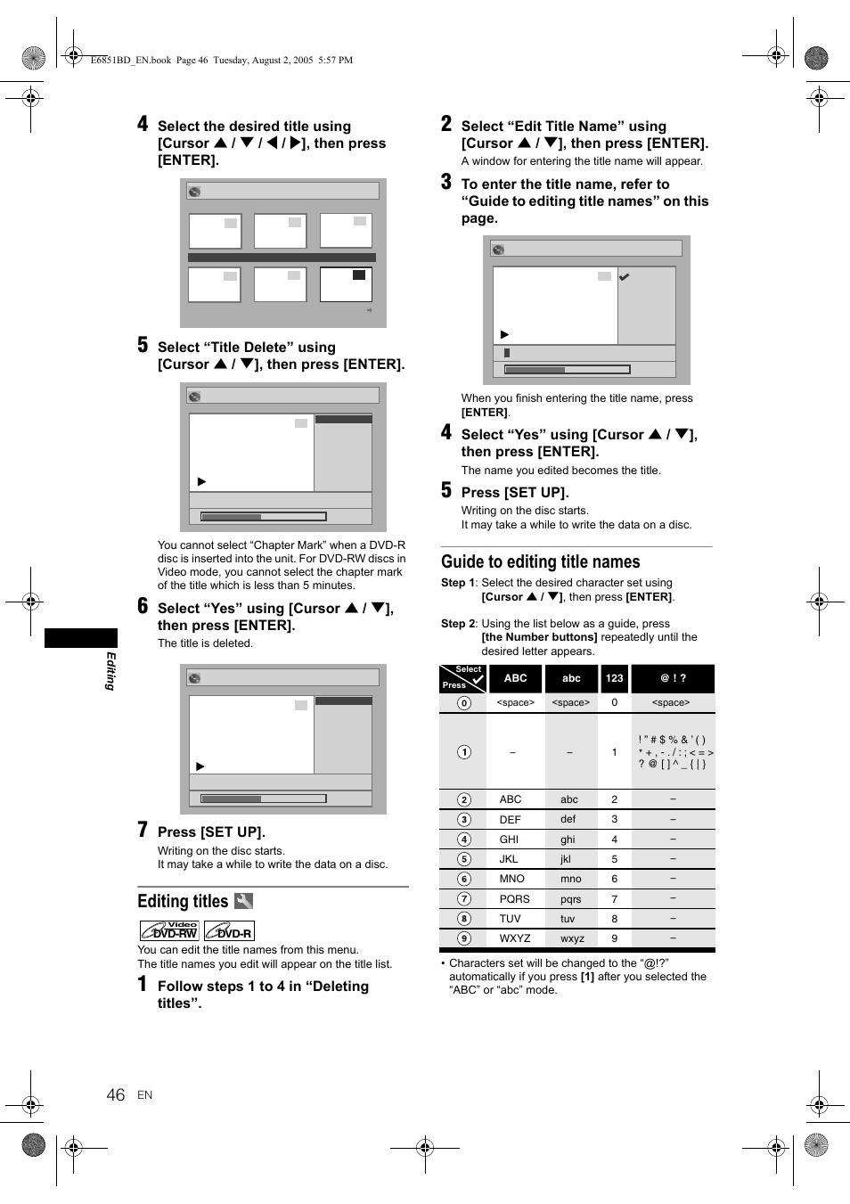 Editing titles, Guide to editing title names | JVC DR-M70SEK User Manual | Page 46 / 68