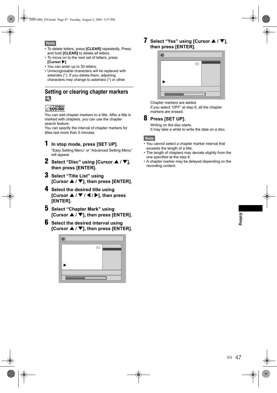 Setting or clearing chapter markers | JVC DR-M70SEK User Manual | Page 47 / 68