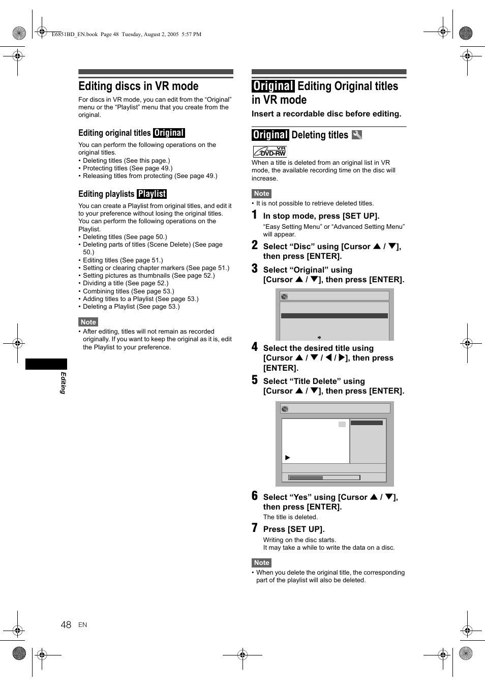 Editing discs in vr mode, Editing original titles, Editing original titles in vr mode | Original, Deleting titles | JVC DR-M70SEK User Manual | Page 48 / 68
